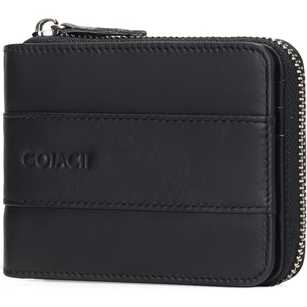 Men's B-Black Wallets Genuine Leather Front Around Zip Pocket Credit Card